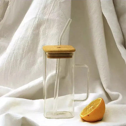 Transparent Borosilicate Glass Mug With Wooden Lid And Straw
