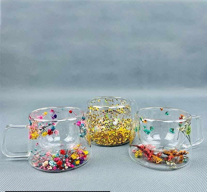 Artificial Flowers Resin Double Glass Mug
