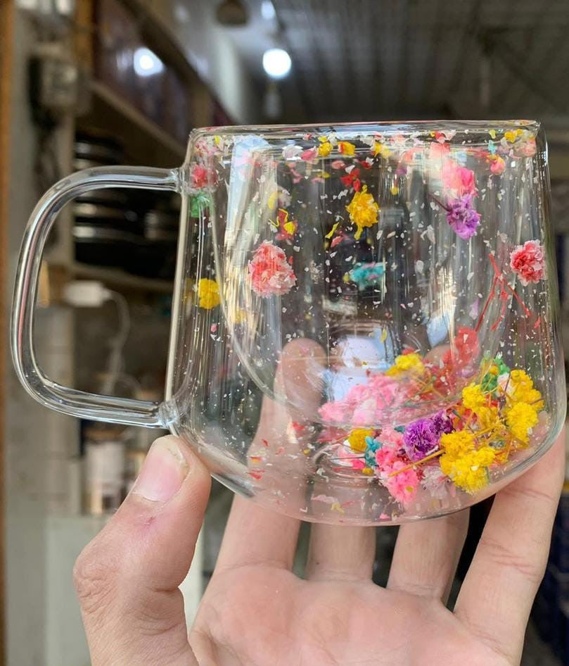 Artificial Flowers Resin Double Glass Mug