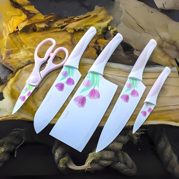 Imported 5 PCs Classic Flower Coated Knives Set