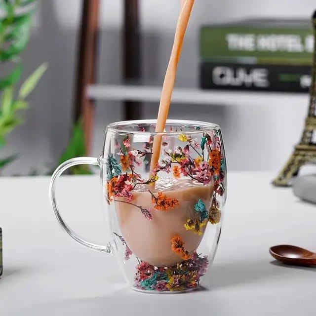 Dry Flowers Double Wall Glass Cup 300ml