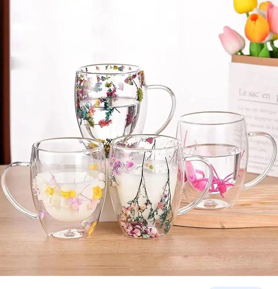 Dry Flowers Double Wall Glass Cup 300ml