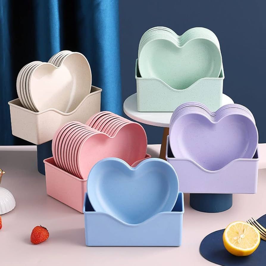 Pack of 10 Heart Shape Plates with 1 Plates Stand (Random color)