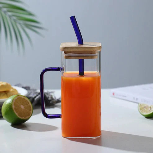 Transparent Borosilicate Glass Mug With Wooden Lid And Straw