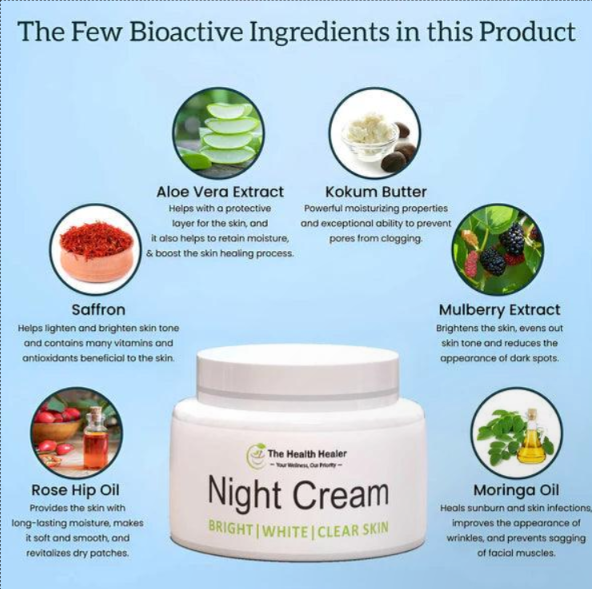 Night Cream for Bright, White, Clear Skin - For All Skin Types - The Health Healer