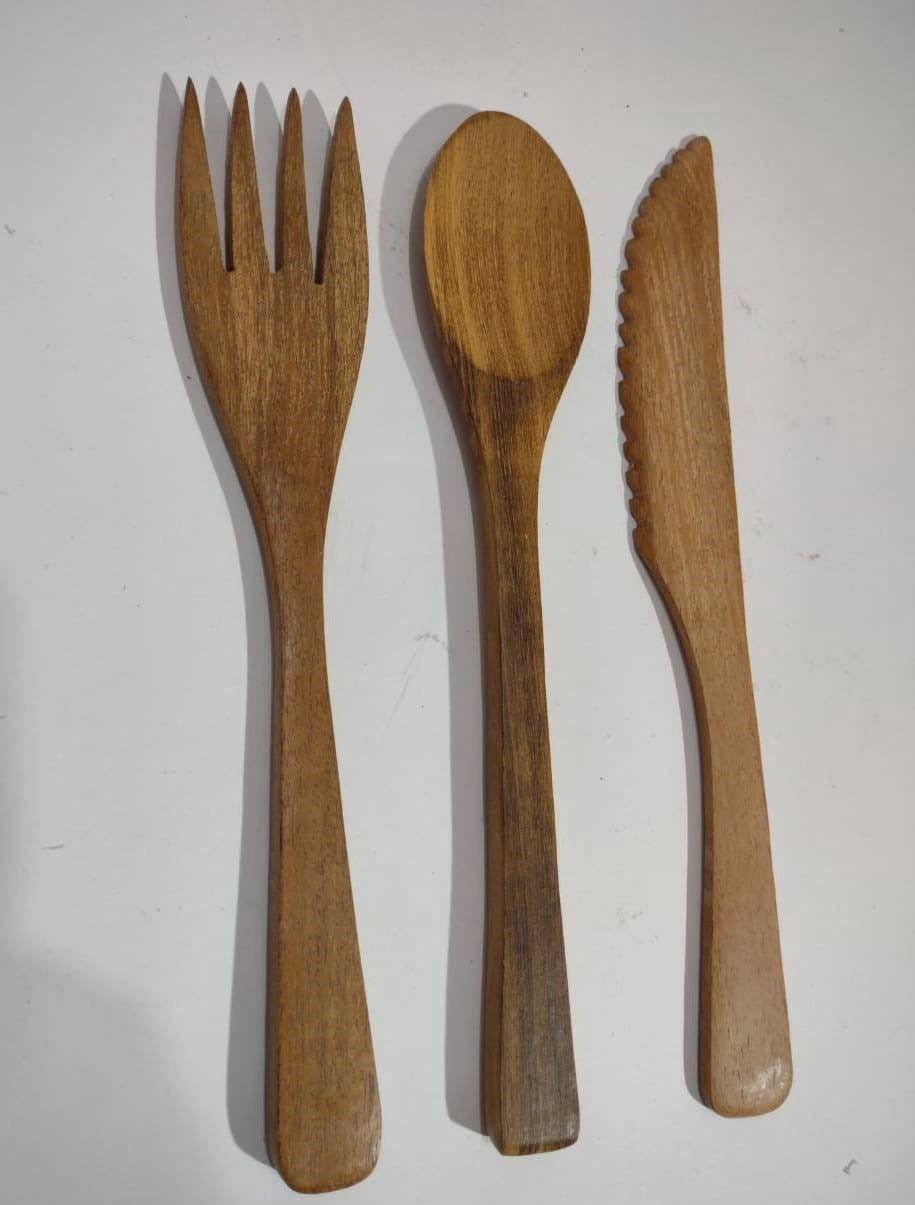3 Pcs Wooden Fork, Spoon, Knife Set