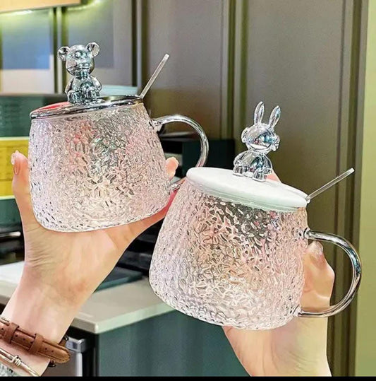 Textured Glass Coffee Mug With Bunny/Bear lid with spoon