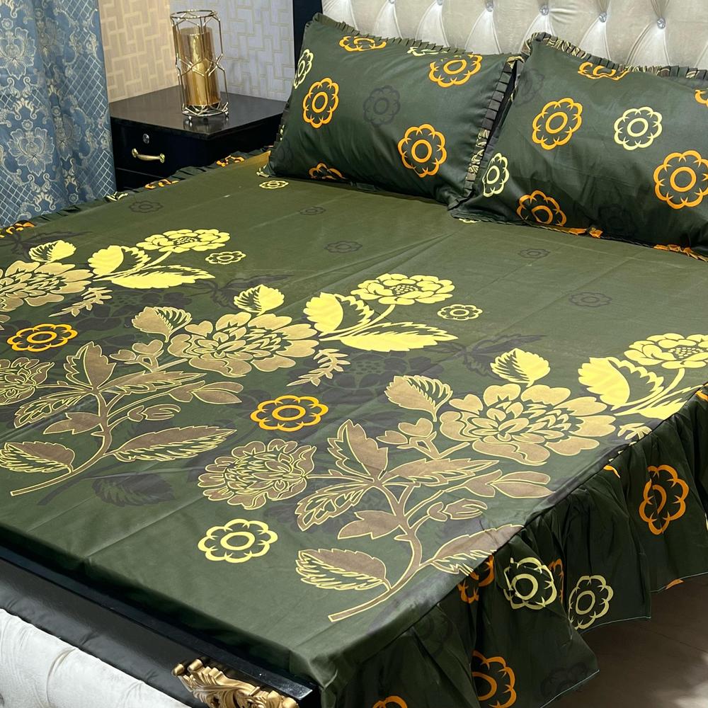 3 PCs Cotton Salonica 2 Sided Frill Double Bed Size Bedsheet