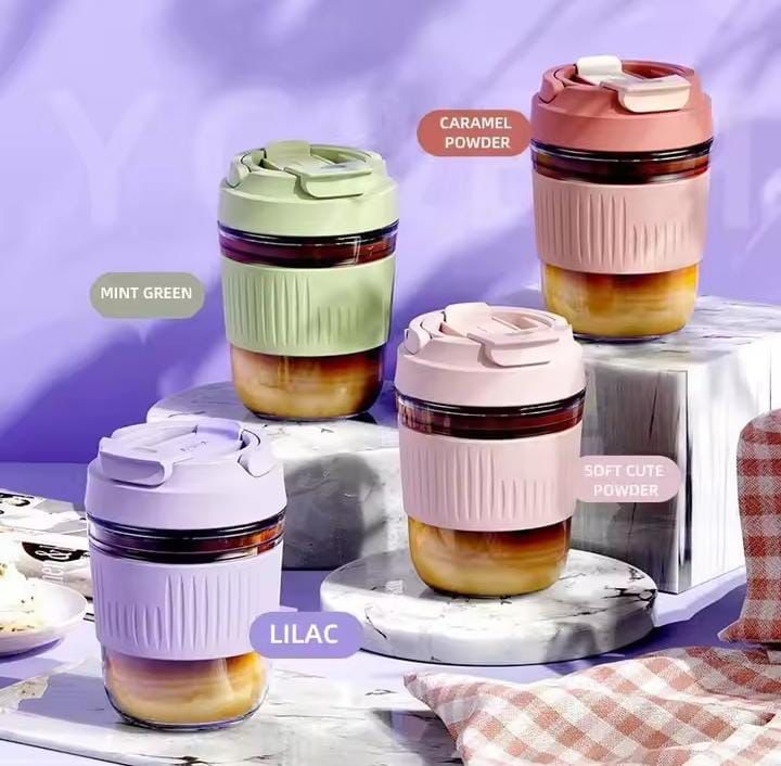 Portable Straw Coffee Cup Children Glass Glass Cup Drinking Water Bottle – 350ML