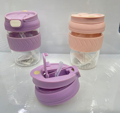 Portable Straw Coffee Cup Children Glass Glass Cup Drinking Water Bottle – 350ML