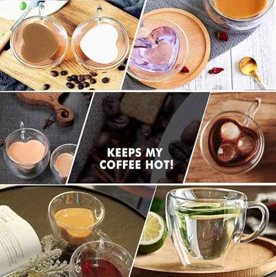 Heart Shaped Double Glass Wall Coffee Mug -  Heat Resistant - Drinkware