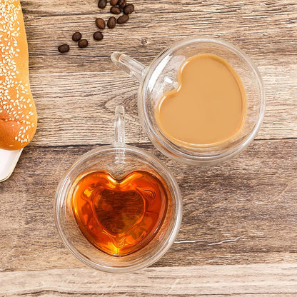 Heart Shaped Double Glass Wall Coffee Mug -  Heat Resistant - Drinkware
