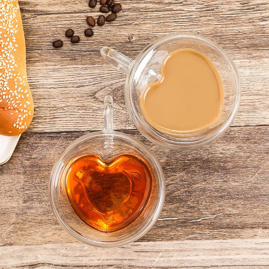 Heart Shaped Double Glass Wall Coffee Mug -  Heat Resistant - Drinkware