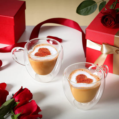 Heart Shaped Double Glass Wall Coffee Mug -  Heat Resistant - Drinkware