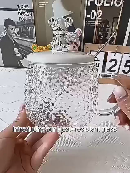 Textured Glass Coffee Mug With Bunny/Bear lid with spoon